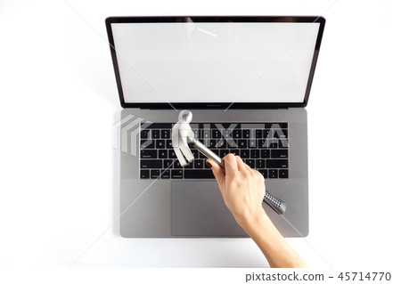Lap top topview with hands on white background  45714770