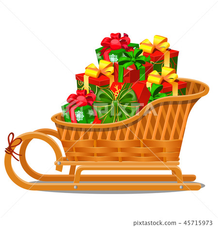 Wicker wood sleigh with festive gift boxes isolated on white background isolated on gray background 45715973