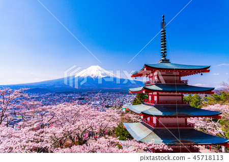(山梨縣)櫻花盛開的新山山淺間公園,多田Rei寶塔和富士山 (山梨縣)櫻花盛開的新山山淺間公園,多田Rei寶塔和富士山 45718113