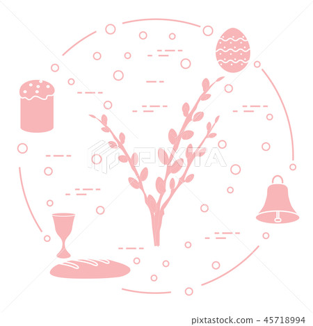 Easter cake, willow branches, bell, bowl, egg Easter cake, willow branches, bell, bowl, egg 45718994