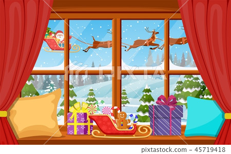 Christmas window view with a snowy landscape