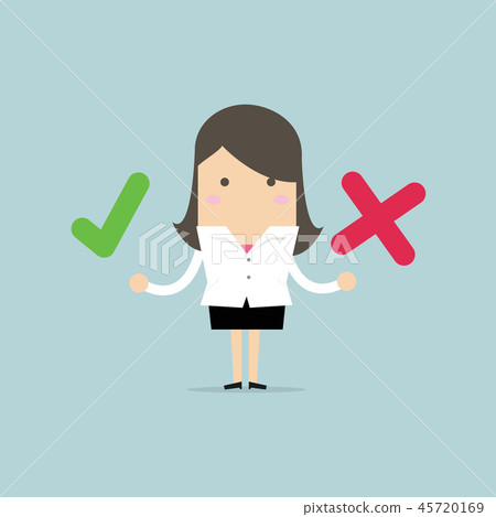 Businesswoman with right and wrong signs. Businesswoman with right and wrong signs. 45720169