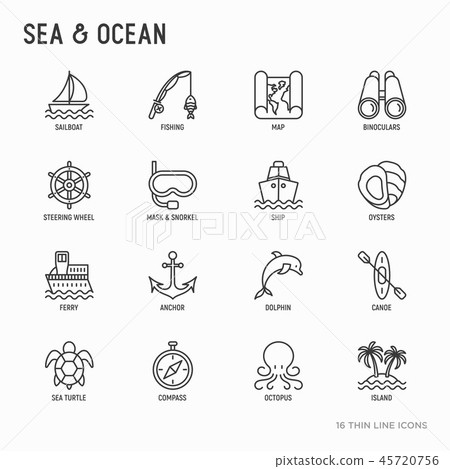 Sea and ocean journey thin line icons set 45720756