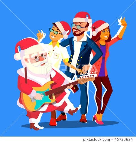 Santa Claus Dancing With Group Of People And Guitar In Hands. Office Christmas Party Banner Vector 45723684