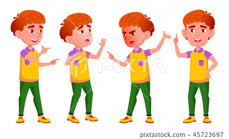 Little Boy Poses Set Vector. Primary School Child. Red Head. Emotions. For Postcard, Cover, Placard Little Boy Poses Set Vector. Primary School Child. Red Head. Emotions. For Postcard, Cover, Placard 45723697