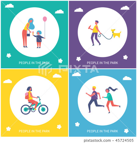 Kids Play and Walk in Park Cartoon Banner Set Kids Play and Walk in Park Cartoon Banner Set 45724505
