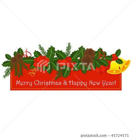Rectangular red sticker with Holly berry, pine branch Rectangular red sticker with Holly berry, pine branch 45724571