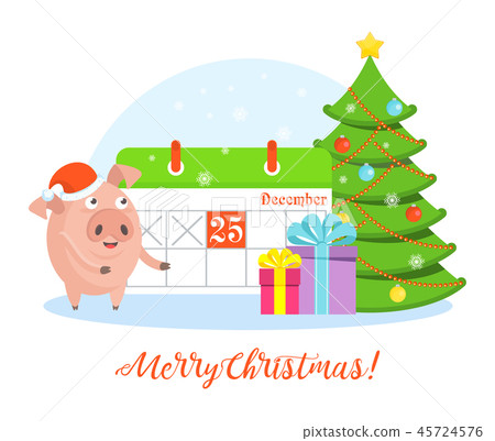 Greeting card with funny merry pig in Santa Claus hat 45724576