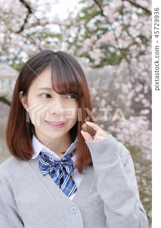 High school girl with second button of favorite senior High school girl with second button of favorite senior 45729936