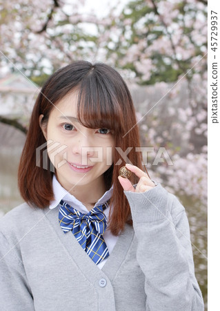 High school girl with second button of favorite senior High school girl with second button of favorite senior 45729937