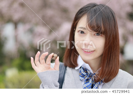 High school girl with second button of favorite senior High school girl with second button of favorite senior 45729941