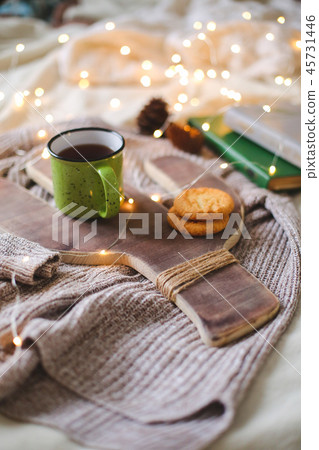 Christmas composition with a cactus tray and a cup, flat lay Christmas composition with a cactus tray and a cup, flat lay 45731446