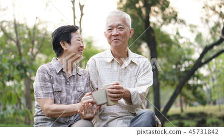 Morning coffee, Asian senior retired couple enjoy 45731842