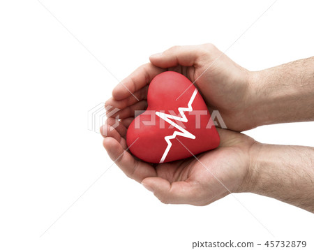 Red heart with pulse in man's hands.  45732879