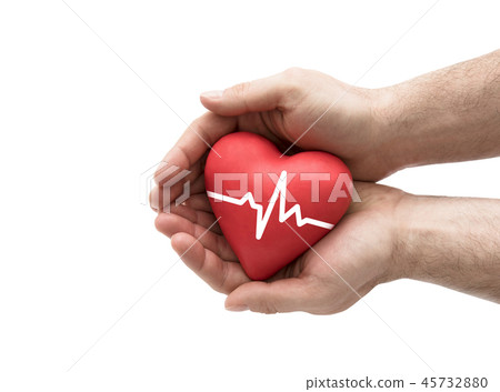 Red heart with pulse in man's hands. Red heart with pulse in man's hands. 45732880