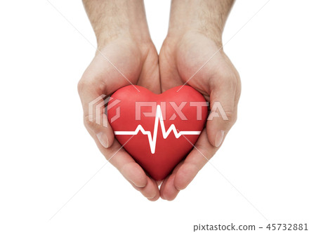 Red heart with pulse in man's hands. Red heart with pulse in man's hands. 45732881