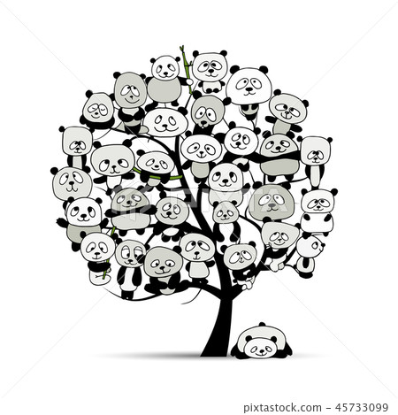 Tree with funny pandas, sketch for your design 45733099