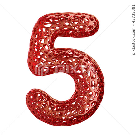 Number 5 five made of red plastic with abstract holes isolated on white background. 3d 45735381