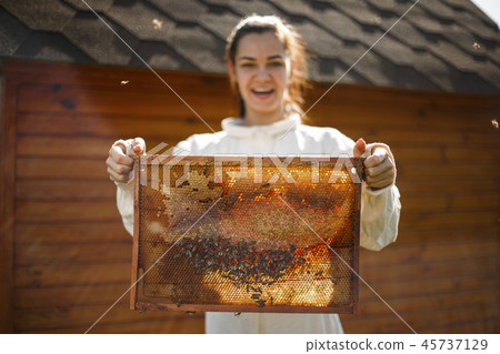 Young female beekeeper hold wooden frame with Young female beekeeper hold wooden frame with 45737129