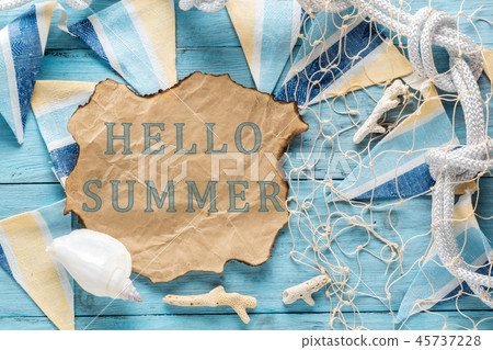 Text: Hello summer. Written on old paper 45737228