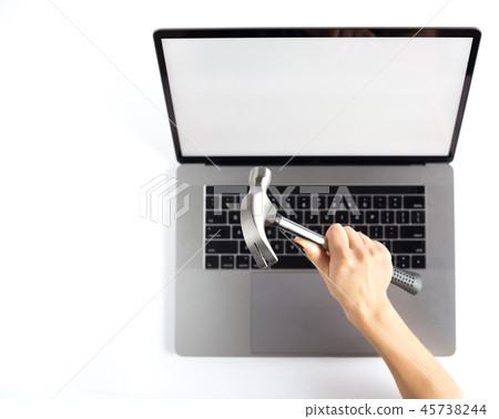 Lap top topview with hands on white background Lap top topview with hands on white background 45738244