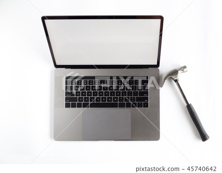 Lap top topview with hands on white background Lap top topview with hands on white background 45740642