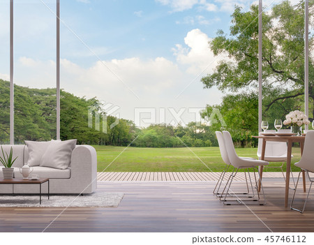 Living and dining room with green garden 3d render 45746112