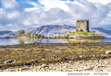 View of the Castle Stalker in autumn on the low tide near Port Appin, Argyll - Scotland 45746394
