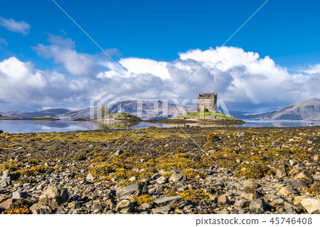 View of the Castle Stalker in autumn on the low tide near Port Appin, Argyll - Scotland 45746408