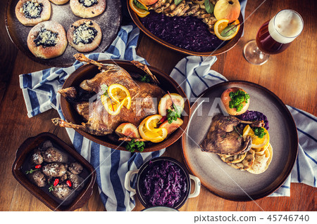 Roasted christmas duck red cabbage and dumplings. 45746740