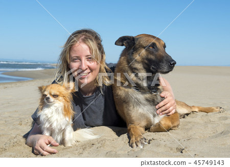 girl and dogs on the beach girl and dogs on the beach 45749143