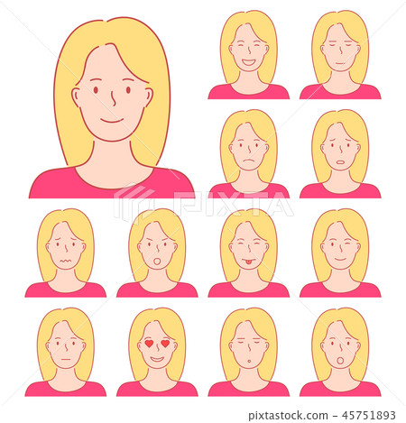 Isolated set of female avatar expressions. 45751893