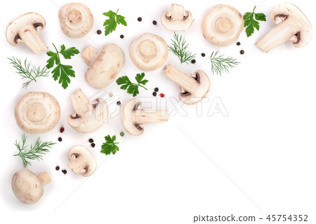 mushrooms with parsley leaf dill and peppercorns isolated on white background with copy space for 45754352