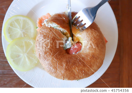 bagel with smoked salmon and cream cheese bagel with smoked salmon and cream cheese 45754356
