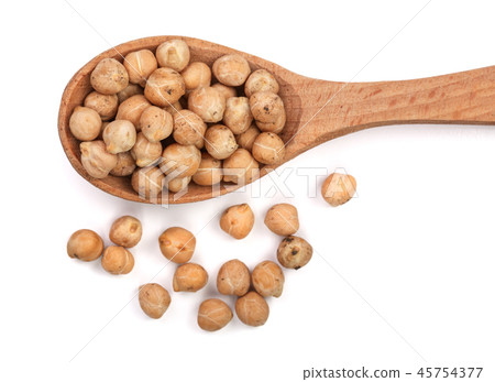 Dry raw organic chickpeas in a wooden spoon isolated on white background. Top view Dry raw organic chickpeas in a wooden spoon isolated on white background. Top view 45754377