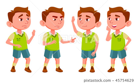 Boy Kindergarten Kid Poses Set Vector. Preschooler Playing. Friendship. For Web, Poster, Booklet 45754629