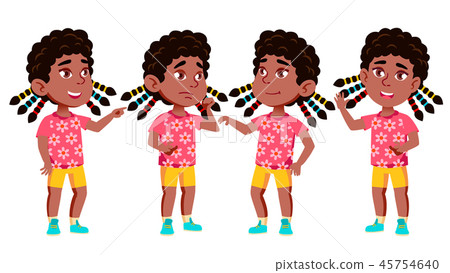 Girl Kindergarten Kid Poses Set Vector. Black. Afro American. Active, Joy Preschooler Playing. For Girl Kindergarten Kid Poses Set Vector. Black. Afro American. Active, Joy Preschooler Playing. For 45754640