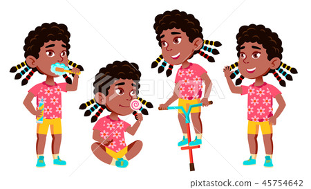 Girl Kindergarten Kid Poses Set Vector. Black. Afro American. Happy Beautiful Children Character Girl Kindergarten Kid Poses Set Vector. Black. Afro American. Happy Beautiful Children Character 45754642