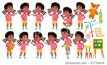 Girl Kindergarten Kid Poses Set Vector. Black.... - Stock Illustration ...