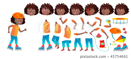 Girl Schoolgirl Kid Vector. Black. Afro American. Animation Creation Set. Face Emotions, Gestures Girl Schoolgirl Kid Vector. Black. Afro American. Animation Creation Set. Face Emotions, Gestures 45754691