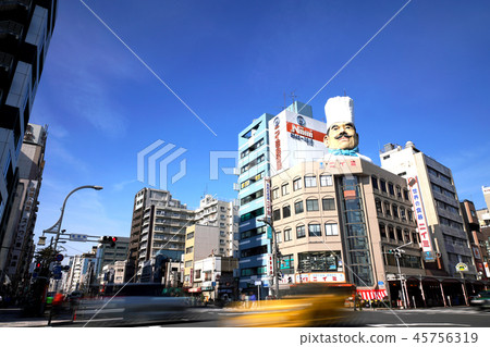 Tokyo cityscape in Japan Kappabashi Tools Street and the flow of cars at the Kikuyabashi intersection 45756319