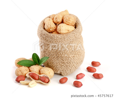 peanuts with leaf in bag isolated on white background 45757617
