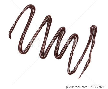 Hot melted chocolate pouring isolated on white background, top view 45757696