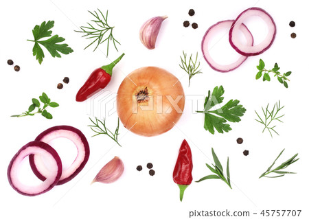 onion, garlic, hot pepper and spices isolated on white background. Top view onion, garlic, hot pepper and spices isolated on white background. Top view 45757707