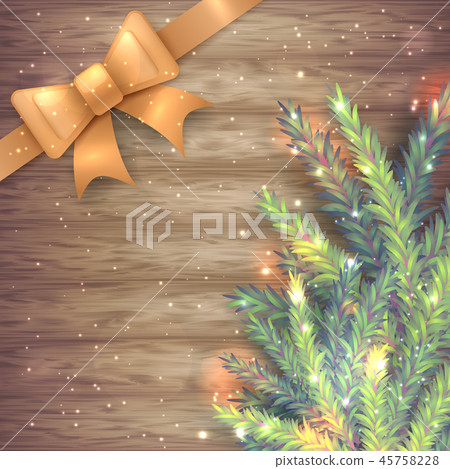 fir tree branch and gold ribbon on wood background - Stock Illustration ...