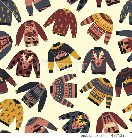 Christmas Holiday sweaters seamless vector pattern. Knitted ugly winter jumpers norwegian ornaments Christmas Holiday sweaters seamless vector pattern. Knitted ugly winter jumpers norwegian ornaments 45758554