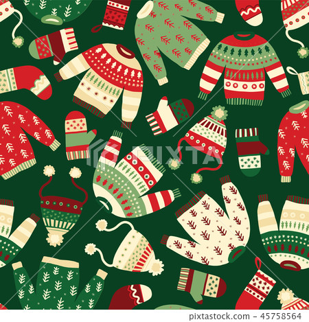 Winter clothes seamless vector pattern. Hand drawn cozy and warm mitten, glove, hat, sweater. 45758564