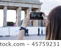Hands holding phone mobile and takes pictures of Brandenburg Gat 45759231