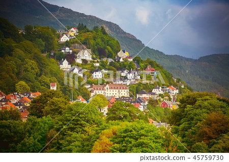 Bergen, Norway aerial view with colorful houses 45759730