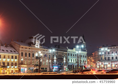 The central square in the night. Blur background of street road. Night lights on the Olga 45759960